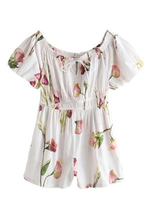 Biały kombinezon w kwiaty z odkrytymi ramionami, bufkowymi rękawami, elastyczną talią i wiązaniem z przodu z różowo-zielonymi kwiatowymi wzorami.
