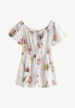 Valge lillemustriga õlgadeta kombinesoon, millel on paksud varrukad, elastne vöökoht ja ees lipsuga detail roosade ja roheliste lillemustritega.