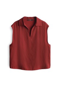 Blusa rossa senza maniche con scollatura a V e design con colletto. Realizzata in tessuto leggero con una finitura liscia. Taglio dritto sull'orlo.