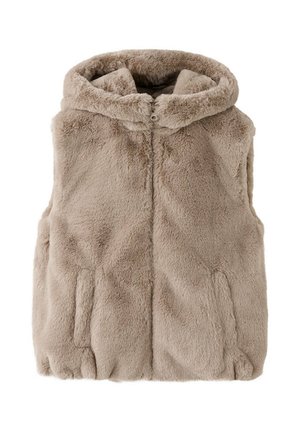 Veste sans manches en fausse fourrure beige avec fermeture éclair frontale et capuche, conçue pour la chaleur et le style.