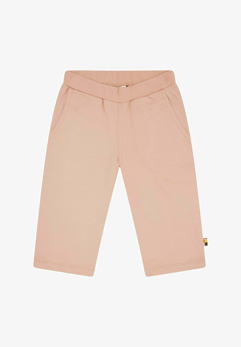 Lichtroze katoenen broeken met een brede elastische tailleband, twee zijzakken en een klein meerkleurig label aan de zoom.