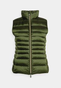 Grøn puffervest med høj krave, der har en fuld frontlynlås og syede vandrette paneler til isolering og tekstur.