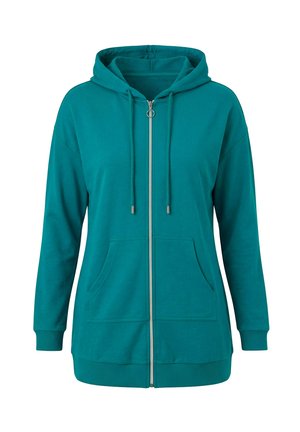 Türkisfarbener Kapuzenpullover mit durchgehendem Reißverschluss, Fronttaschen, Kordelzugkapuze, gerippten Bündchen und Saum, dargestellt vor weißem Hintergrund.