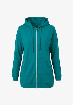 Turkusowa bluza z kapturem na zamek błyskawiczny, z przednimi kieszeniami, regulowanym kapturem na sznurek, ściągaczami na mankietach i u dołu, przedstawiona na białym tle.