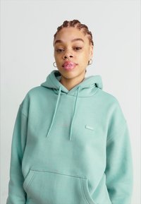 Sweatshirt verde menta com bolso canguru, cordões e uma pequena etiqueta da marca no peito. Textura suave, design casual.
