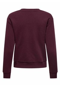 Maglione bordeaux con collo a giro, polsini e orlo a costine. Tessuto morbido con una superficie liscia. Design semplice, senza decorazioni visibili.