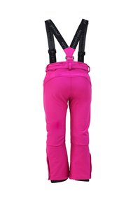 Pantaloni da sci rosa con bretelle nere regolabili. Le caratteristiche includono una vita alta, chiusure con zip alle caviglie e una texture liscia.