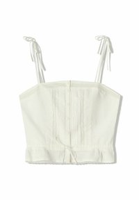 Top corto in cotone bianco con spalline regolabili a nodo, chiusura frontale con bottoni, design plissettato e pizzo lungo l'orlo. Tessuto liscio e leggero.