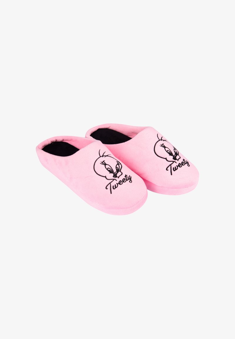 Pantofole rosa pelose con una consistenza morbida, caratterizzate da un design di Tweety Bird ricamato in nero e una forma arrotondata.