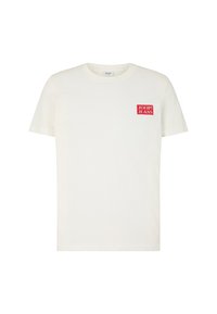Kremowa bawełniana koszulka z krótkim rękawem, na lewej piersi z małym czerwonym kwadratowym logo z napisem "JOOP! JEANS".