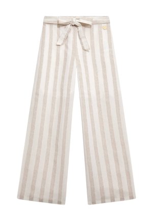 Hosen mit weitem Bein aus einem hellbeigen Stoff mit vertikalen weißen Streifen. Verfügen über einen gebundenen Taillengürtel und ein kleines Emblem an der Seite.