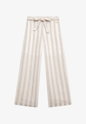 Pantaloni a gamba larga in tessuto beige chiaro con righe verticali bianche. Dotati di cintura annodata in vita e di un piccolo emblema sul lato.