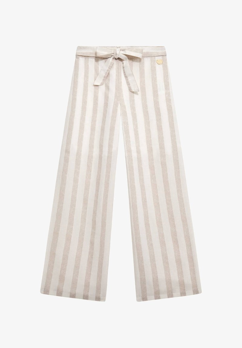 Pantalon à jambes larges en tissu beige clair avec des rayures blanches verticales. Doté d'une ceinture nouée à la taille et d'un petit emblème sur le côté.