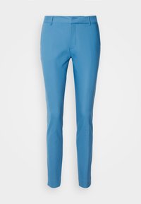 Pantalon bleu ajusté avec une coupe slim, fabriqué à partir d'un tissu lisse. Présente une taille classique et des poches frontales, sans motifs ni accents visibles.