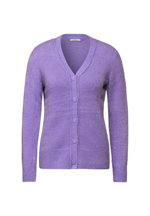 Lila gestrickte Strickjacke mit langen Ärmeln, V-Ausschnitt und fünf passenden Knöpfen vorne.