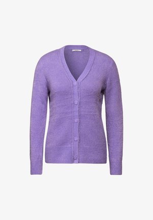 Cardigan violet en tricot à manches longues, col en V et cinq boutons assortis sur le devant.