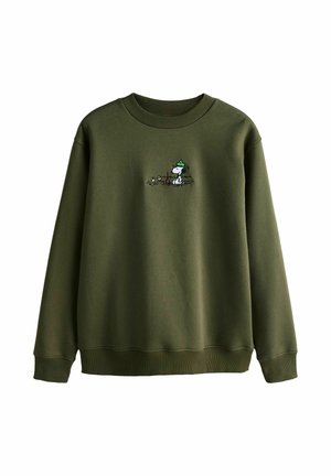 Bluza w kolorze oliwkowej zieleni wykonana z bawełnianej mieszanki, z prążkowanymi mankietami i dolnym ściągaczem. Na przodzie wyszyty wzór postaci w zielonym kapeluszu.