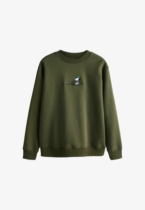 Bluza w kolorze oliwkowej zieleni wykonana z bawełnianej mieszanki, z prążkowanymi mankietami i dolnym ściągaczem. Na przodzie wyszyty wzór postaci w zielonym kapeluszu.