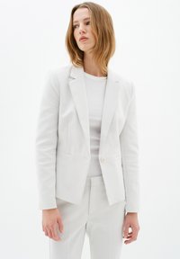 Světle šedý blazer v přizpůsobeném st�řihu, s jedním knoflíkem, klopovými límci a dvěma předními kapsami. Matná textura.