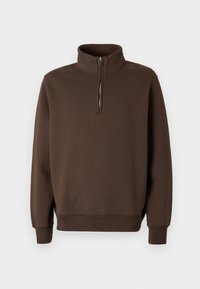 Brun sweatshirt med høj krave, halv lynlås og ribbede manchetter. Glat tekstur med løs pasform, velegnet til afslappet brug.