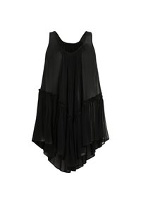 Black sleeveless top with a loose fit, featuring gathered pleats and a layered design, made of lightweight fabric with a soft texture.