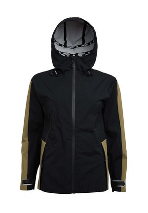 Giacca impermeabile nera e khaki con cappuccio regolabile, zip frontale, tasche laterali e inserti riflettenti sui polsini. Texture liscia.
