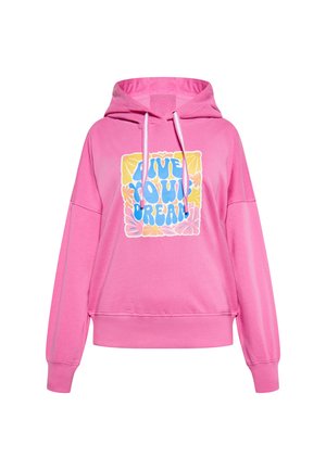 Rosa Kapuzenpullover mit lässigem, lockerem Schnitt. Verfügt über ein Grafikdesign mit der Aufschrift "Lebe deinen Traum" in Blau und Gelb, umgeben von floralen Akzenten.