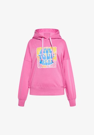 Roze hoodie met een ruime, comfortabele pasvorm. Heeft een grafisch ontwerp met de tekst "Live Your Dream" in blauw en geel, met bloemaccenten.