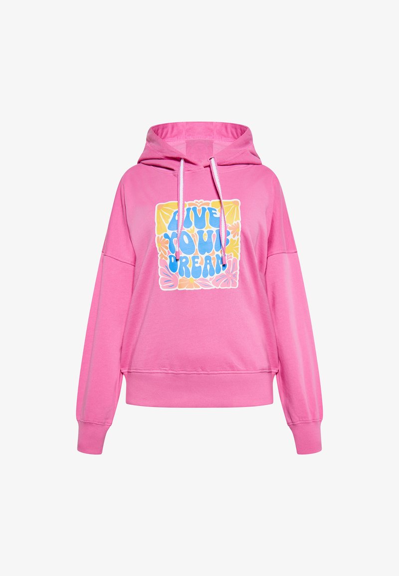 Felpa rosa con una vestibilità ampia e rilassata. Presenta un design grafico con la scritta "Vivi il tuo sogno" in blu e giallo, con accenti floreali.
