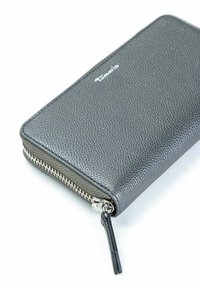 Black textured leather wallet with silver zipper and pull tab, featuring a brand logo on the front.