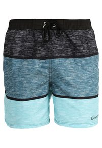 Pánske plavky s abstraktným čiernym a modrým vzorom. Materiál je ľahký, s elastickým pásom a šnúrkou na stiahnutie.
