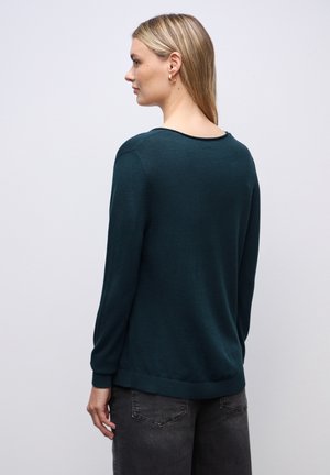 Pull en bleu canard avec des manches longues, un col rond et des bords côtelés aux poignets et à l'ourlet, vu de dos. Texture lisse.