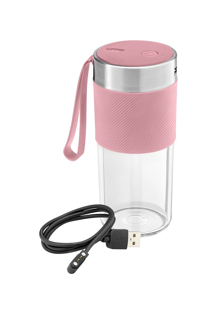 Rosa tragbarer Mixer mit Edelstahlverschluss, strukturiertem Griff, Tragegurt und abnehmbaren USB-Ladekabel.