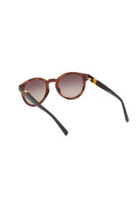 Occhiali da sole tartaruga con lenti sfumate. Forma rotonda, aste nere opache con accenti arancioni. Fissaggi metallici alle cerniere.