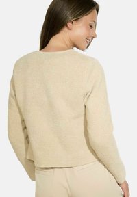 Beige pletený svetr s texturovaným povrchem, kulatým výstřihem a zkráceným střihem, zobrazený zezadu. Hladká tkanina.