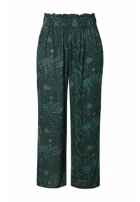 Pantalons larges vert foncé avec taille élastique froncée, présentants un motif paisley subtil dans des nuances de vert plus clair.