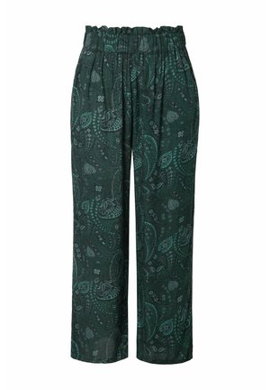 Pantalons larges vert foncé avec taille élastique fronc�ée, présentants un motif paisley subtil dans des nuances de vert plus clair.