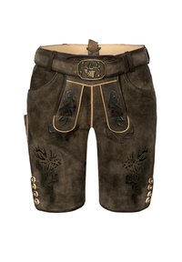 Bruine leren shorts met decoratieve reliëf ontwerpen van een hert, getailleerde vorm en een knoopsluiting zijkant. Inclusief een riem met een sierlijke gesp.