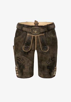 Braune Lederhosen mit dekorativen, geprägten Hirschmotiven, taillierte Passform und einer Knopfleiste an der Seite. Inklusive eines Gürtels mit einer kunstvollen Schnalle.