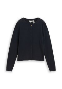 Navyblauw gebreid vest met lange mouwen, ronde halslijn en een enkele gouden knoopsluiting aan de voorkant. Zachte, gestructureerde stof.