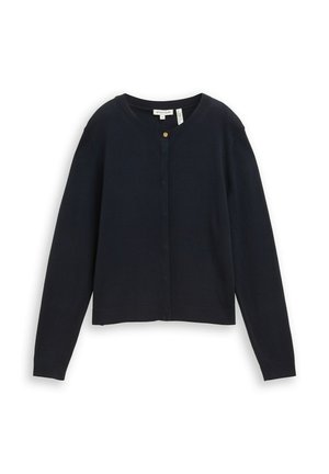 Navyblauw gebreid vest met lange mouwen, ronde halslijn en een enkele gouden knoopsluiting aan de voorkant. Zachte, gestructureerde stof.