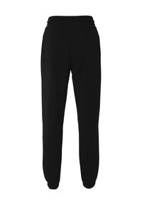 Schwarze Jogginghosen aus weichem Stoff, mit einem elastischen Bund und gerafften Bündchen. Einfaches Design ohne sichtbare Muster oder Akzente.