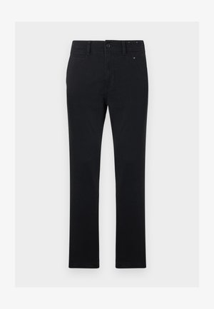 Pantalons en coton noirs à coupe droite, avec une fermeture à bouton et zip, cinq poches et des détails de coutures subtils.