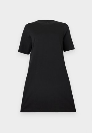 Musta, lyhythihainen A-linjainen mekko pyöreällä pääntiellä, polvipituinen, yksinkertainen malli, esitetty vaaleanharmaalla taustalla.