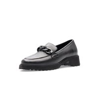 Black leather loafer with chunky sole and decorative black chain detail across the front, low heel, and rounded toe.