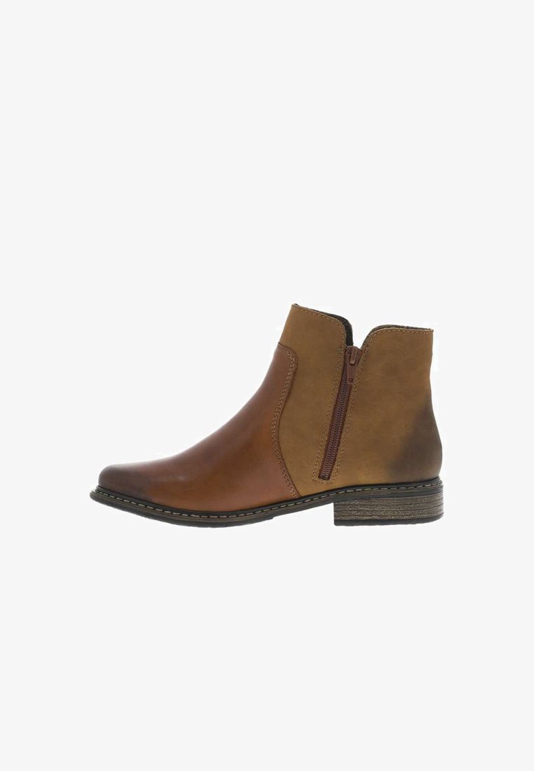Bottines en cuir marron avec fermeture éclair sur le côté, présentant une finition lisse, un talon empilé et un panneau tan contrastant pour plus de détail.