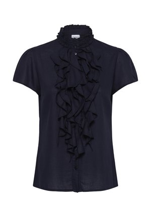 Blouse bleu marine à manches courtes avec col montant volanté et détail de volant en cascade à l'avant, fermeture par boutons.