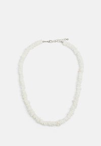 White necklace made of irregularly shaped beads, featuring a silver clasp and adjustable chain for length customization.