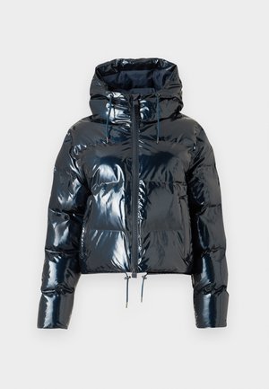 Glossy navy puffer jacket with a hood, front zipper, and drawstring adjustments. Features a boxy shape and large front pockets.