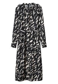 Robe noire à manches longues et ceinture à nouer, ornée d'un motif abstrait blanc, en tissu doux, avec un décolleté froncé.